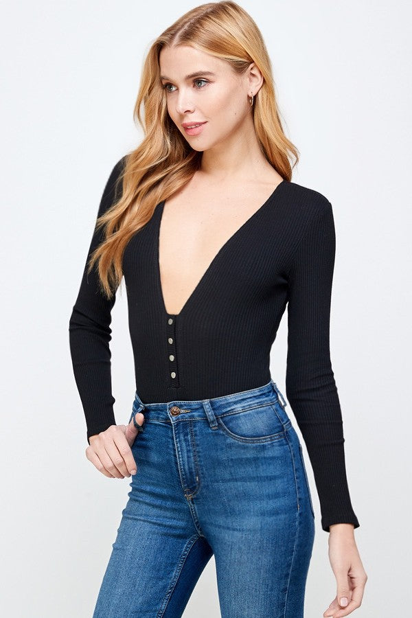 V-neck Long Sleeve Snap Button Cotton Bodysuit (Black)