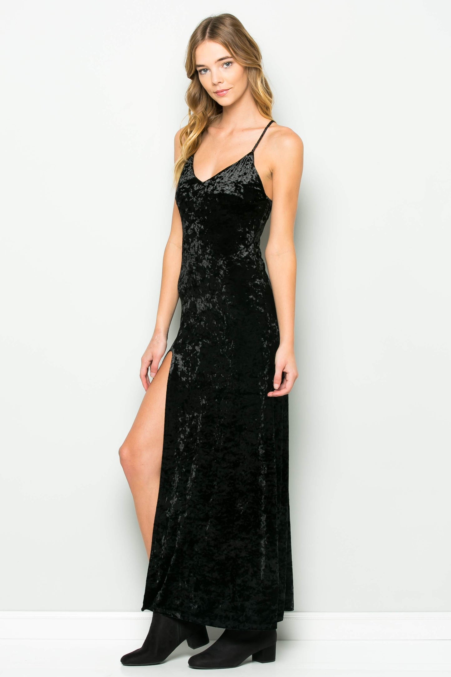 Crushed Velvet High Slit Strap Dress (Black)