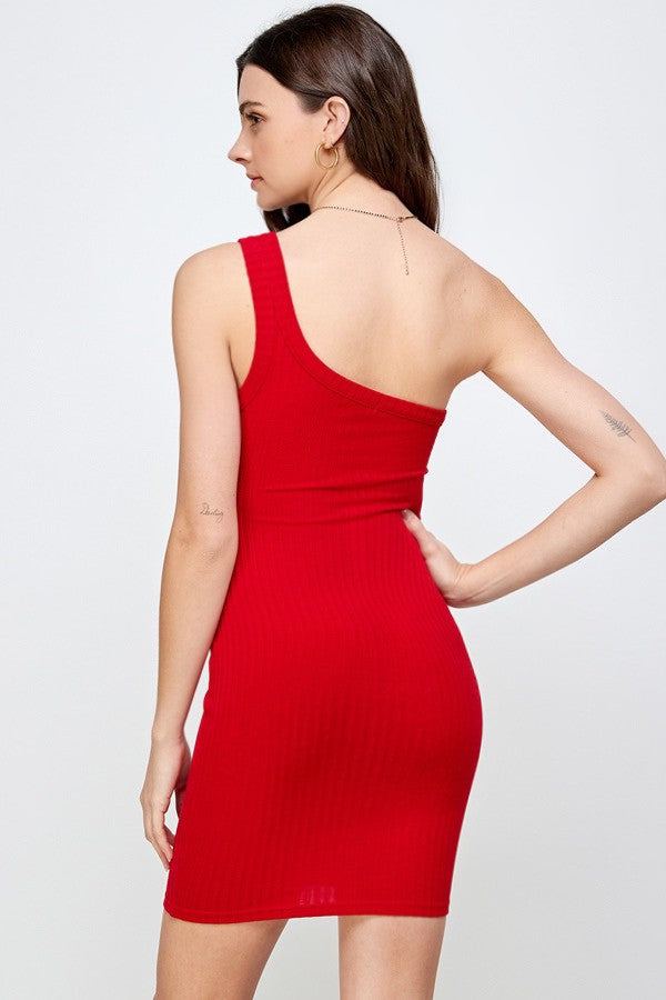 One Shoulder Mini Rib Dress (Red)